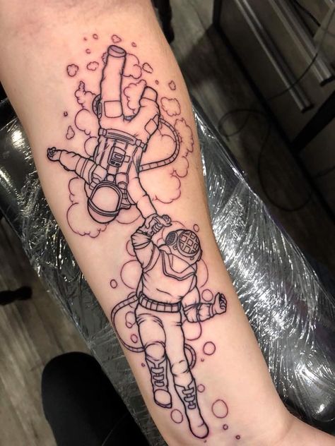 As Above So Below Tattoo Astronaut, Two Astronauts Tattoo, Scuba Diver And Astronaut, Sea Space Tattoo, Astronaut And Deep Sea Diver, Astronaut Scuba Diver Tattoo, Diver And Astronaut Tattoo, Astronaut And Scuba Diver Drawing, Astronaut In The Ocean Tattoo