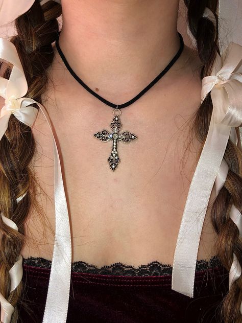 Silver Gothic Cross Necklace with Rhinestone Accents. Black Suede Necklace Length is 15 in Catholic Core, Cross Necklace Black, Gothic Cross Necklace, Victorian Gothic Jewelry, Necklace Y2k, Dark Coquette, Gothic Cross, Silver Cross Necklace, Gothic Crosses