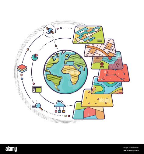 Download this stock vector: Vector Illustration of GIS Spatial Data Layers Concept for Business Analysis, Geographic Information System, Icons Design, Line - HAGMNM from Alamy's library of millions of high resolution stock photos, illustrations and vectors. Spatial Analysis, Teaching Secondary, Apple Maps, Remote Sensing, Business Analysis, Free Courses, Data Analytics, Royalty Free Images, Icon Design