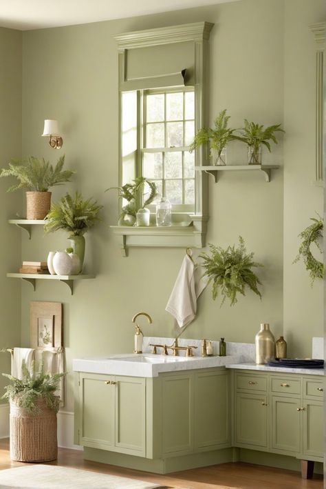 Benjamin Moore, Saybrook Sage, Greenery, Elegance Unleashed Pistachio Paint Color, Green Paint Bathroom, Saybrook Sage, Saybrook Sage Benjamin Moore, Light Green Bathrooms, Sage Paint Color, Dark Green Bathrooms, Light Oak Floors, Sage Green Paint