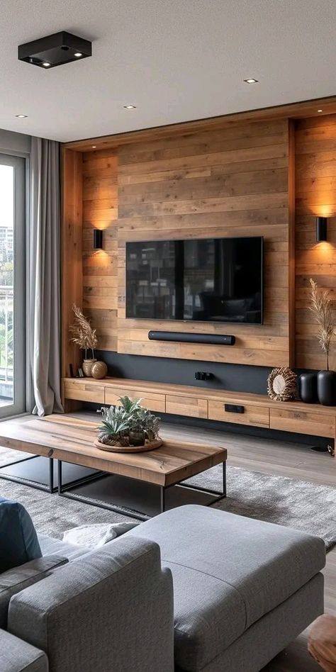 Rustic Wood Tv Wall, Fake Stone Wall Living Room, Electric Chimney Living Rooms, Wood Wall Behind Tv, Rustic Lounge Ideas, Rustic Tv Wall Ideas, Television Wall Ideas, Rustic Tv Wall, Wood Tv Wall