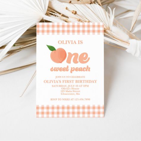 One Sweet Peach Birthday Invitation - Birthday Invitation Fruit First Birthday, One Sweet Peach Birthday, Peach Birthday Invitation, Peach Gingham, One Sweet Peach, Summer Birthday Invitations, 98th Birthday, Peach Birthday, Sweet As A Peach