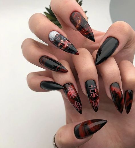 Tokyo Ghoul Nails, Mens Nails, Acrylic Nail Ideas, Goth Nails, Stiletto Nails Designs, Get Nails, Creepy Cute, Stiletto Nails, Nail Inspiration