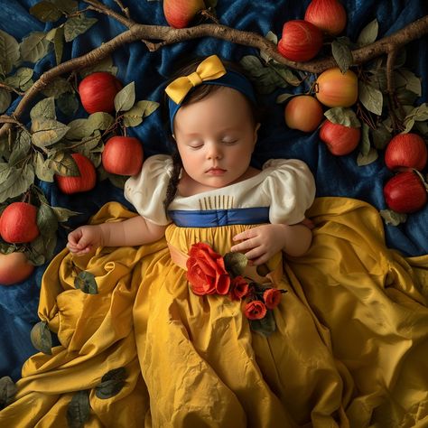 Snow White Snow White Newborn Photography, Sleeping Beauty Newborn Pictures, Snowwhite Photoshoot Ideas, Snow White Baby Photoshoot, Snow White Room, Unique Baby Photoshoot Ideas, Disney Princess Photoshoot, Snow White Photoshoot, Baby Snow White