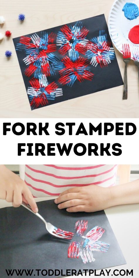 Fork Stamped Fireworks Craft - Toddler at Play Fireworks Art For Toddlers, Fire Work Crafts For Kids, Bonfire Night Crafts, Bonfire Night Activities, Fireworks Craft For Kids, Craft Toddler, Fourth Of July Crafts For Kids, July Activities, Fireworks Craft