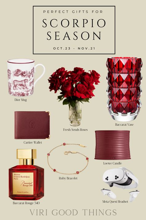 Dive into the mystery and allure of Scorpio with these handpicked gifts. From luxurious fragrances and rich ruby tones to unique accessories, this gift guide has everything a Scorpio will love! Thoughtfully curated by Viri Good Things, each item channels Scorpio’s passionate and intense energy. Tap to discover the perfect gift for the Scorpios in your life! ♏️ #ScorpioSeason #GiftGuide #ZodiacGifts #LuxuryGifts #ScorpioVibes Scorpio Gifts, Scorpio Women, Scorpio Season, Ruby Bracelet, Unique Accessories, Zodiac Gifts, Ruby Jewelry, Luxury Gifts, Accessories Unique