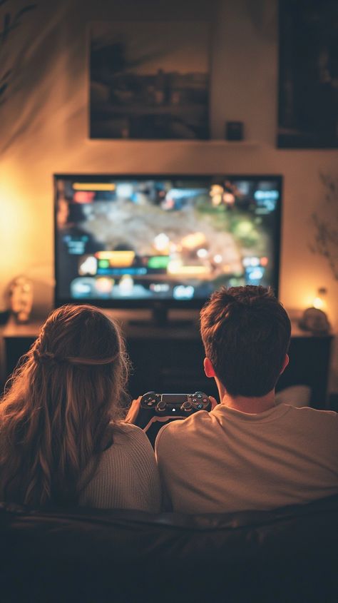 Couples gaming night: A young #couple enjoys an engaging #gaming session on their #home console on a #cozy evening. #console #videogames #boardgames #entertainment #fun #gaminglife #nightlife #chill ⬇️ #Download and 📝 #Prompt 👉 https://stockcake.com/i/couples-gaming-night_1180641_630887 Gaming Couple Photoshoot, Gamer Couple Photoshoot, Gamer And Reader Couple, Gamer Engagement Photos, Couple Bedroom Picture Ideas, Couple Chilling At Home, Chill Engagement Photos, Gaming Couple Aesthetic, Couple Gaming Together