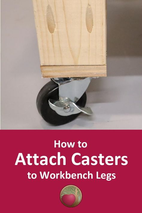 See how to use pockets holes and a plywood square to securely attach casters to your workbench legs. Workbench Legs Ideas, Work Bench On Casters, Workbench Casters, Workbench Legs, Garage Workbench Plans Rockler Woodworking & Hardware, Rolling Workbench, 2x4 Lumber, Work Bench Plans Rockler Woodworking & Hardware, Wooden Storage Shelves