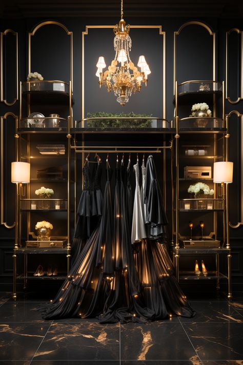 Black White And Gold Walk In Closet, Dark Moody Closet, Black And Gold Closet, Black And Gold Wardrobe, Moody Closet, Lingerie Store Design, Closet Conversion, Gold Wardrobe, Horse Room