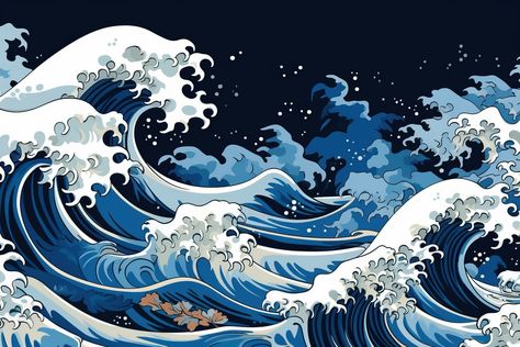 Japanese Artstyle, Wave Wall Mural, Storm Waves, Japanese Art Style, Painting Japanese, Sea Scape, Japanese Art Styles, Japanese Art Prints, Wall Murals Painted