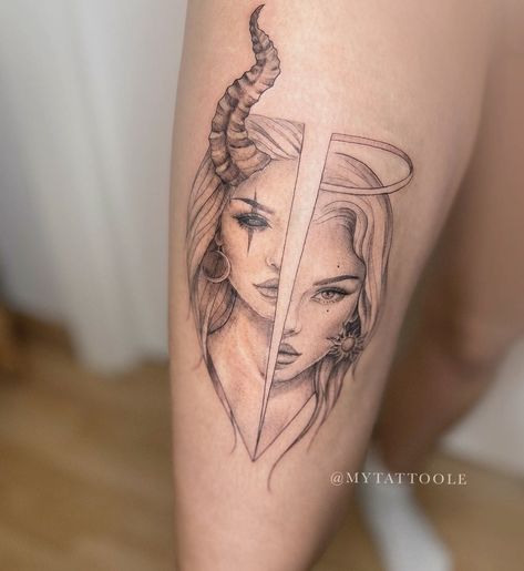 Angels Demons Tattoo, Lost Angel Tattoo, Angel Women Tattoo, Angel With Horns Tattoo, Leg Women Tattoo, Angelic Tattoos For Women, Demon And Angel Tattoo, Demon Angel Tattoo, Devil Tattoo For Women