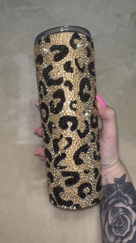 Leopard Print Rhinestone Tumbler, Bedazzled Water Bottle, Bedazzled Tumbler Cups, Rhinestone Cups Tumblers, Rhinestone Tumbler Ideas, Bedazzled Cup, Bedazzled Cups, Bedazzled Tumbler, Bedazzled Liquor Bottles