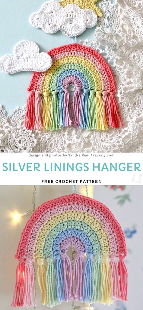 Crochet Rainbow Wall Hanging Free Pattern, Crochet Hanging Pattern, Crochet Door Hanger Free Pattern, Crochet Decorations Hanging, Crochet Rainbow Applique Free Pattern, How To Crochet A Rainbow, Free Rainbow Crochet Patterns, Classroom Crochet Ideas, Free Crochet Decor Patterns