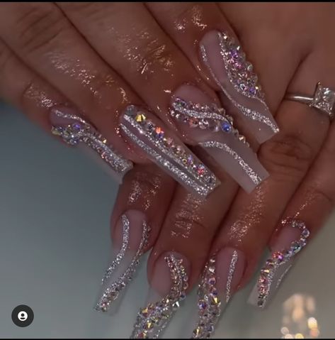 Bling Wedding Nails For Bride, Bling Nails Ideas, Glamour Nails Sparkle Bling Bling, Rhinestone Nails Designs Bling, Long Wedding Nails, Birthday Nail Designs Bling, White Bling Nails, Blinged Out Nails Rhinestones, Full Bling Nails