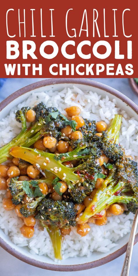 This Chili Garlic Broccoli with Chickpeas is an easy and flavorful 30 minute meal. The chili garlic sauce comes together quickly but has a huge depth of flavor and you can even use a bag of frozen broccoli to make things even easier. This chili garlic broccoli stir fry is perfect for a healthy and delicious vegan weeknight dinner. #30minutedinner #chiligarlicsauce #veganrecipe #plantbased #asianvegetarianfood Garlic Broccoli Stir Fry, Cheesy Broccoli Rice Casserole, Garlic Chickpeas, Cheesy Broccoli Rice, Creamy Broccoli Soup, Vegetarian Ideas, Garlic Broccoli, Blueberry Salad, Broccoli Stir Fry