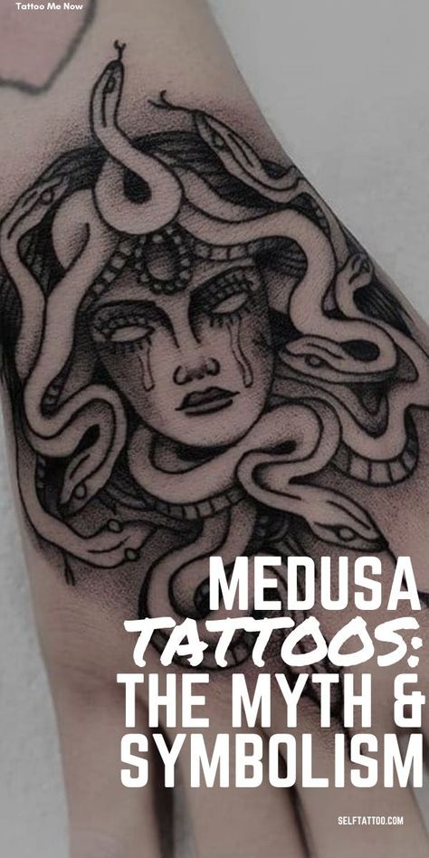 Medusa Tattoo With Words, What Does Medusa Tattoo Represent, Medusa Tattoo Symbolism, Medusa Tattoo Greek Mythology, Hand Tattoo Quotes Men, Medusa Meaning Tattoos, Meaning Behind Medusa Tattoo, Body Art Tattoos Female Sleeve, Medusa Symbol Greek Mythology