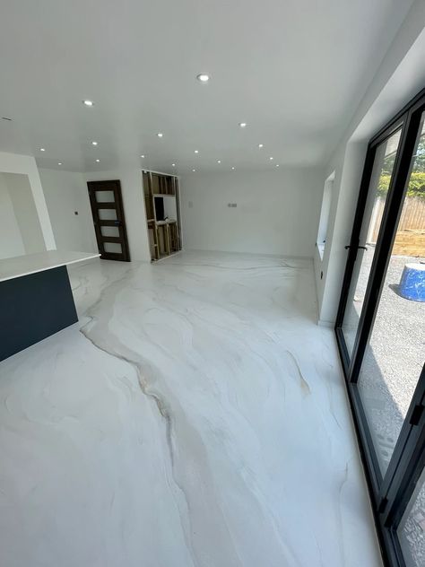 Resin Flooring Epoxy, Epoxy House Flooring, Concrete Epoxy Floors In House, Floor Epoxy Design, Cream Polished Concrete Floor, Epoxy Living Room Floor, Resin Floor Ideas, Resin Stairs, Epoxy Floors In Home