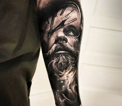 Father Time tattoo by Arlo Tattoos Father Time Tattoo, Arlo Tattoo, Arlo Dicristina, Face Morph, Tattoo Forearm, Full Sleeve Tattoo Design, Father Time, 3d Tattoos, Full Sleeve Tattoos