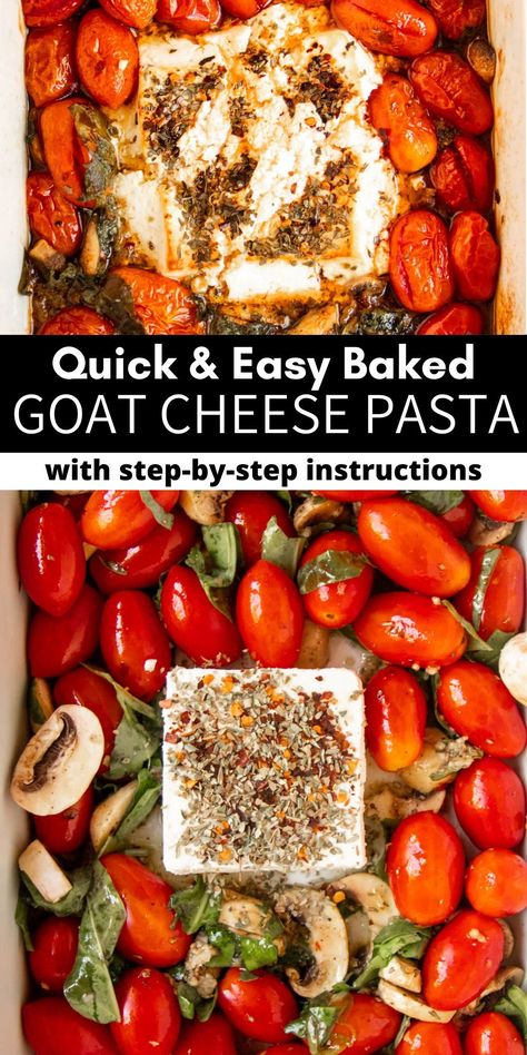 This goat cheese pasta is an easy and creamy pasta that is made with spinach, mushrooms, cherry tomatoes, goat cheese, balsamic vinegar, olive oil, and spices. This whole dish can be made in under an hour, and it’s beyond delicious! Cherry Tomato Goat Cheese Recipes, Goat Cheese Roasted Tomatoes, Goat Cheese Mushroom Pasta, Low Carb Goat Cheese Recipes, Balsamic Pasta Recipes, Balsamic Onion And Goat Cheese Pasta, Cherry Tomato Goat Cheese Pasta, Goat Cheese Baked Pasta, Pasta Salad Goat Cheese