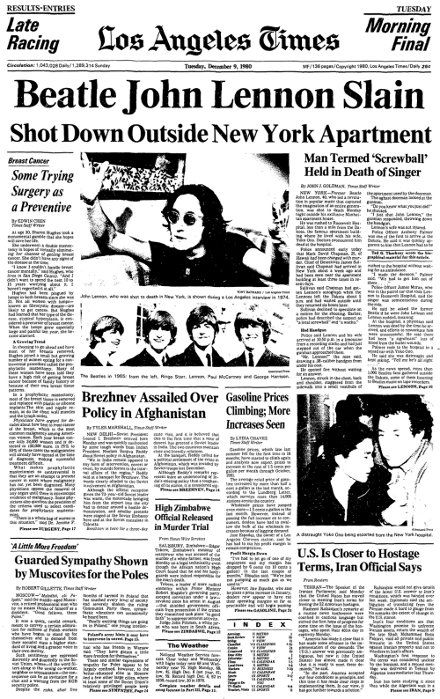 Dec. 9, 1980 - Los Angeles Times Beatles John Lennon, Newspaper Front Pages, John Lennon Beatles, Newspaper Headlines, Beatles John, Historical Newspaper, Vintage Newspaper, Headline News, News Article