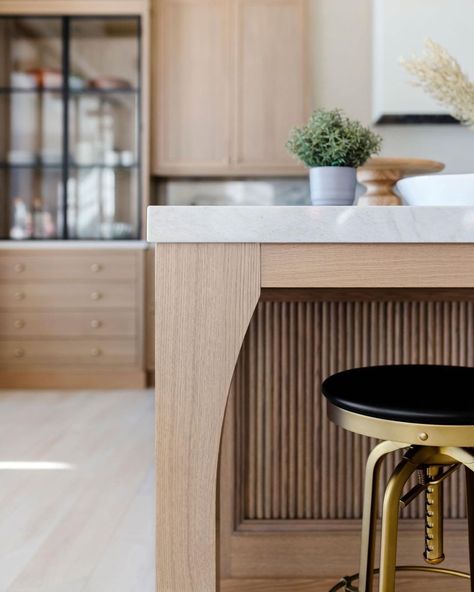 white oak kitchen island • Instagram White Oak Dry Bar, Ribbed Wood Kitchen, Flute Panel Kitchen Island, Reeded Kitchen Island, Kitchen Island Side Panels, Reeded Island, Rounded Kitchen Island, Fluted Kitchen Island, Fluted Island