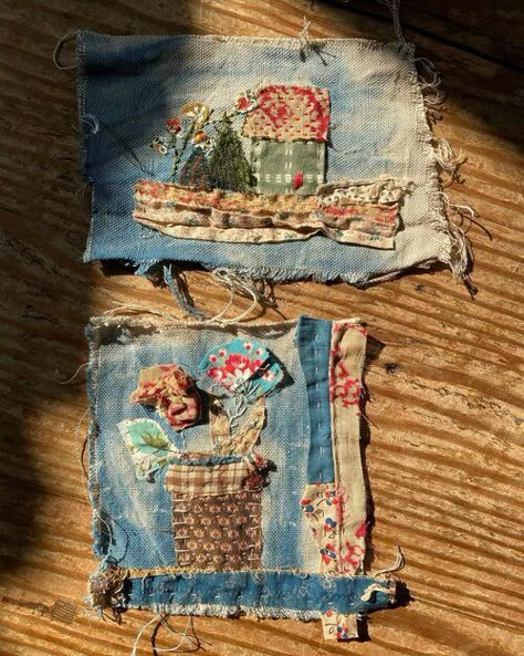 Scrap Quilting Ideas, Slow Stitch Christmas Ornaments, Fabric Collage Ideas, Scrap Fabric Ideas, Fabric Art Collage, Hand Stories, Fabric Art Tutorials, Recycled Fabric Art, House Wren