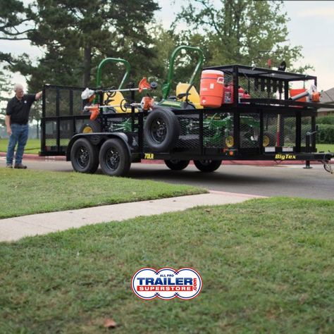 Haul all of your equipment and tools with ease! Come stop by All Pro Trailer Superstore to view our selection of Big Tex landscape trailers. #trailer #trailers #landscapetrailer #equipmenttrailer #landscaping Landscaping Trailer Setup, Landscape Trailer Ideas, Trailer Workshop, Lawn Trailer, Landscape Trailers, Trailer Ramps, Mobile Workshop, Lawn Mower Tractor, Gooseneck Trailer