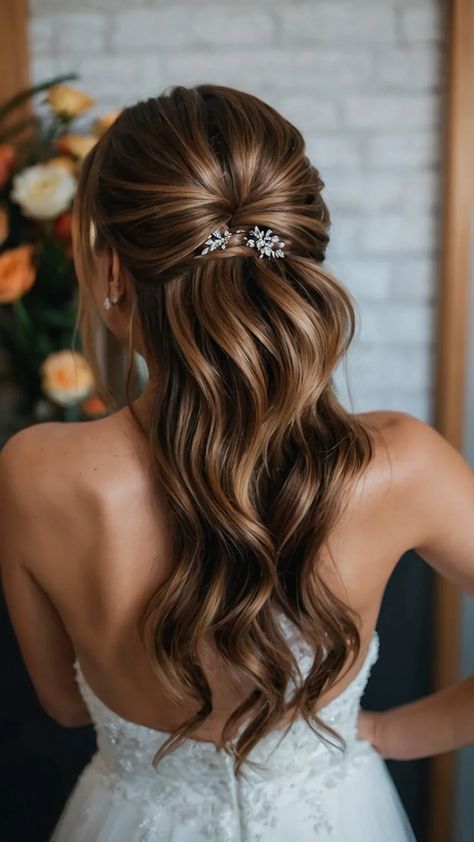 Simple Hair For Formal Event, Prom Hairdos Half Up Half Down, Half Up Half Down Wedding Hair Medium Length Bridesmaid, Bridesmaid Hairstyles Half Up, Simple Bridesmaid Hair Half Up, Bridal Hair Half Up Brunette, Half Up Half Down Formal Hairstyles, Half Up Half Down Wedding Hair Brunette, Bridal Hair Half Up Medium Length