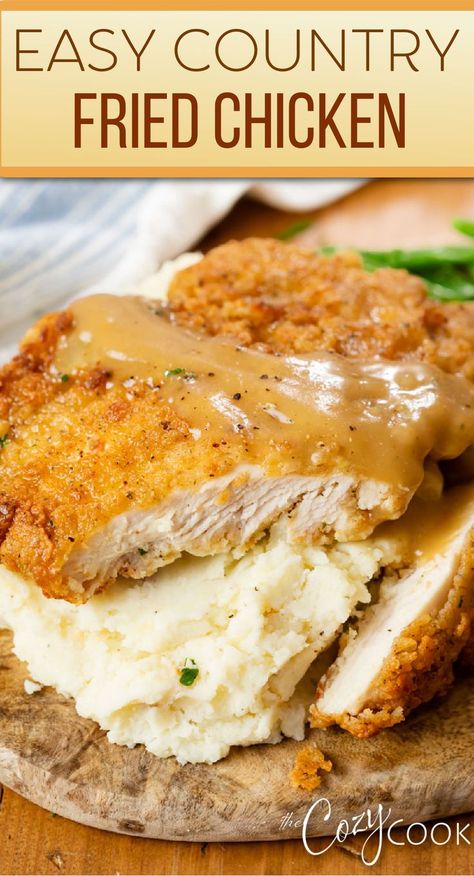 country fried chicken with gravy over mashed potatoes Fried Chicken Breast Recipe, Country Fried Chicken, Chicken Fried Steak Recipe, Fried Steak Recipes, Country Fried, Fried Chicken Recipe, Fried Chicken Breast, Homemade Gravy, Chicken Fried Steak