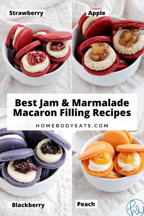 I always love using jam filling for my macarons, but I can never find recipes I like. This list has so many delicious jam macaron filling ideas. Everything from raspberry jam to blueberry, strawberry, peach, and cranberry jam. I am seriously going to make all of these jam filled macarons this summer with all the fresh fruit. I love how delicious macarons filled with jam taste! Raspberry Jam Filling For Macarons, Raspberry Macaron Filling, Pbj Macarons, Macaron Filling Ideas, Strawberry Macarons Recipe, Macaron Inspiration, Macaroon Filling, Bouillabaisse Recipe, Strawberry Macaroons