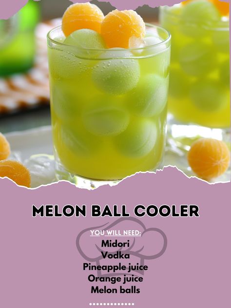 🍈 Chill with a Melon Ball Cooler! 🍈🧊 #MelonBallCooler #CoolDrinks Melon Ball Cooler Ingredients: Midori (1 oz) Vodka (1 oz) Pineapple juice (3 oz) Orange juice (3 oz) Melon balls (for garnish) Ice (as needed) Instructions: Fill a glass with ice. Add Midori, vodka, pineapple juice, and orange juice. Stir well and garnish with melon balls. 🍈🧊 Enjoy this vibrant and fruity cooler! 🍹✨ #RecipeInspire #fruitycocktailsfordays Melon Ball Drink, Drink Essentials, Vodka And Pineapple Juice, Melon Balls, Alcholic Drinks, Liquor Recipes, Yummy Alcoholic Drinks, Shot Ideas, Vodka Recipes