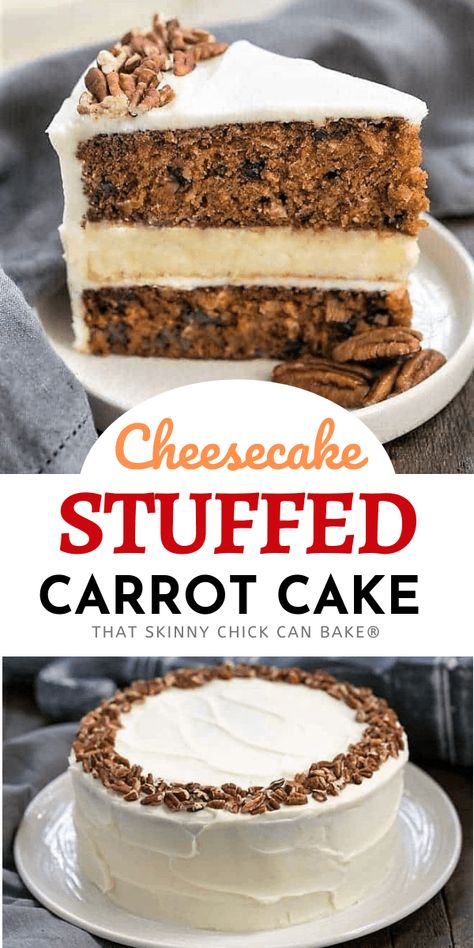 Cheesecake Filled Carrot Cake - Two decadent desserts in one for one showstopper of a cake! My friends went wild for this exquisite layer cake and you will, too! Cheesecake Filled Cake, Carrot Cake With Cheesecake Layer, Carrot Cake Filling Ideas, Cake And Cheesecake Layered Cake, Cheesecake Cake Filling, Cheesecake Filling For Cake, Cheesecake Carrot Cake, Cake With Cheesecake Filling, Carrotcake Cheesecake