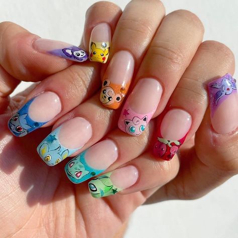 Kawaii Nail Art Anime, Bubbles Powerpuff Nail Art, Pokemon Inspired Nails, Pokemon Nails Acrylic, Jigglypuff Nails, French Tip Acrylic Coffin, Eevee Nails, Pokemon Nails Designs, Pikachu Nail Art