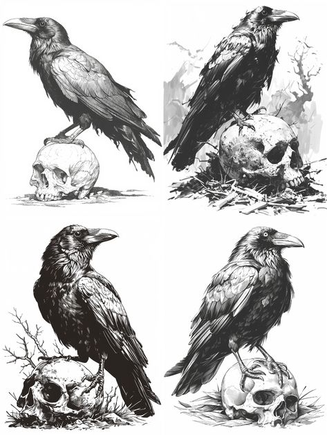 Midjourney prompt: A crow standing on a skull in the - PromptHero Vintage Raven Illustration, Crow And Skull Tattoo Design, Crow Sketch Pencil, Crow Tattoo Traditional, Crow Drawing Reference, Crow Art Drawing, Raven Anatomy, Bird Drawing Reference, Crow Skull Drawing