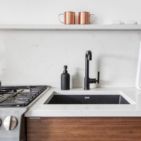 Black Sink White Counter, Small Kitchen Dining Room Combo, Galley Wall, Kitchen Dining Room Combo, Plumbing Layout, White Countertop, Online Interior Design Services, Black Sink, Real Kitchen