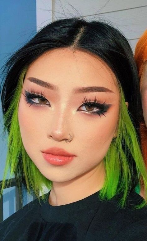 Black And Green Color Block Hair, Neon Green Black Hair, Split Colored Hair, Black Hair With Color Block, Black And Green Hair Underneath, Under Dyed Hair Green, Neon Green Hair Streaks, Black And Neon Green Hair, Black Hair With Green Streaks