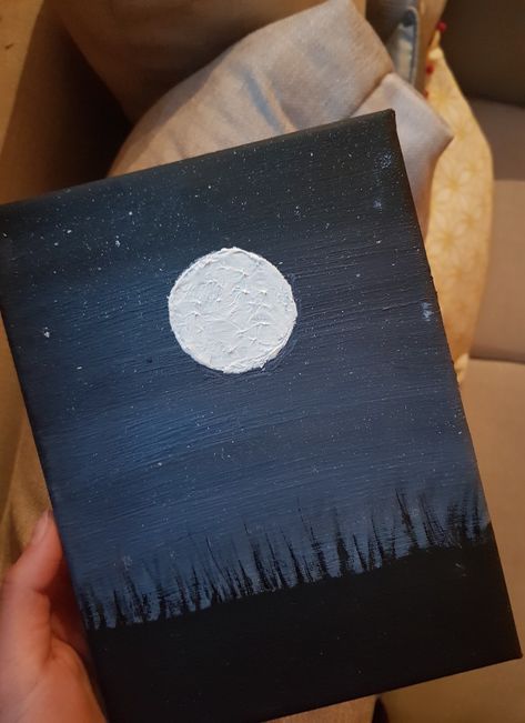 Easy Moon And Stars Painting, Stars Night Painting, Moon Painting Ideas Easy, Moon Painting For Beginners, Mini Paintings Ideas Easy On Paper, Black Canvas Mini Painting, Star Paintings Easy, Simple Moon Painting Ideas, Painting Ideas Night Sky Easy