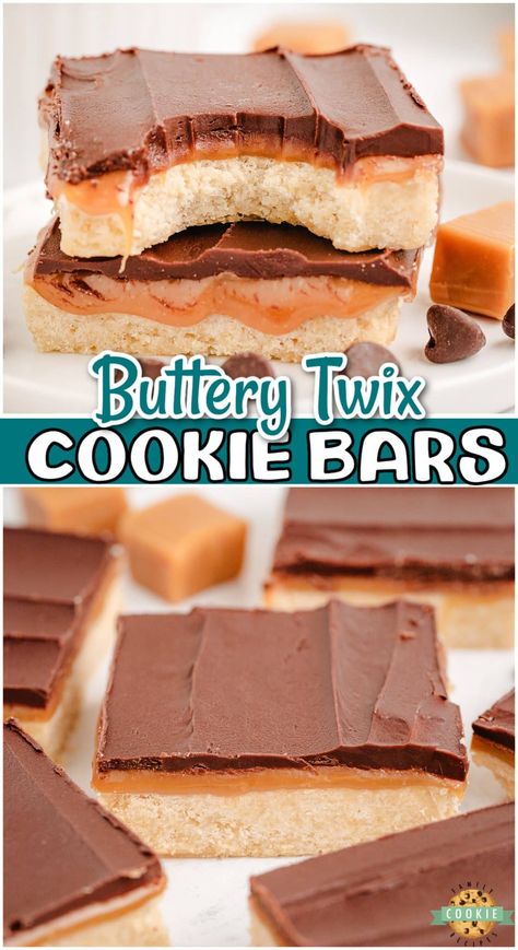 TWIX COOKIE BARS - Family Cookie Recipes Cookies And Squares, Pan Of Bars, Yum Yum Bars Recipe, Cookies For Potluck, Pan Cookies Bars, Bar Cookies Recipes 9x13, Holiday Cookie Bars Recipes, Best Bar Cookie Recipes, 9 Layer Cookie Bar Recipe