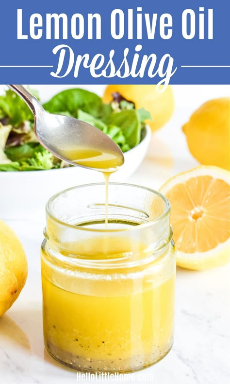 Looking for a delicious Salad Dressing? You’re going to LOVE this Easy Lemon Dressing! Learn how to make the BEST Lemon Olive Oil Dressing using basic ingredients: Fresh Lemon Juice, Olive Oil, Salt, Pepper. This tasty Lemon Vinaigrette Dressing is ready fast and it’s easy to customize with Garlic, Herbs, Mustard, more. Serve with all your favorite recipes, like Kale or Arugula Salad, Garden and Green Salads, even Pasta Salad! Great versatile Vegetarian + Vegan recipe! | Hello Little Home Oil Salad Dressing Recipes, Oil Based Salad Dressing, Olive Oil Dressing Recipes Healthy, Balsamic Olive Oil Dressing, Home Made Vinaigrette Dressing, White Vinegar Salad Dressing, Homemade Lemon Salad Dressing, Salad Dressing With Olive Oil, Lemon Garlic Dressing