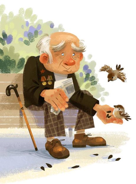 Grandpa's Friends by Anna Chernyshova Old People Cartoon Drawing, Old People Drawing, Grandpa And Grandson Drawing, Grandfather Illustration Character, Grandfather Cartoon, Grandfather And Granddaughter Drawing, Old Man Character Design, Grandfather Cartoon Images, Old Man Illustration