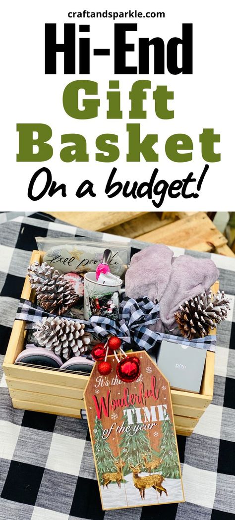 Here’s a new twist on the traditional gift basket. Instead of using a basket, use a wooden crate! This unique gift wrapping idea is full of cozy gifts for women but you can turn it into a great gift for men or for kids too. #giftbasket #woodcrate #giftideas Blanket Gift Basket, Adult Gift Basket, Wooden Crates Christmas, Kitchen Gift Baskets, Christmas Gift Themes, Family Gift Baskets, Backyard Gifts, Couple Gifts Basket, Homemade Gift Baskets