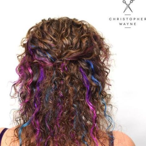 Curly Brown Hair with Blue and Purple Highlights Blue And Purple Highlights, Brown Hair With Blue, Highlights Brown Hair Short, Hair Ombre Brown, Blue Brown Hair, Mid Length Curly Hairstyles, Ombre Curly Hair, Curly Brown Hair, Highlights Curly Hair