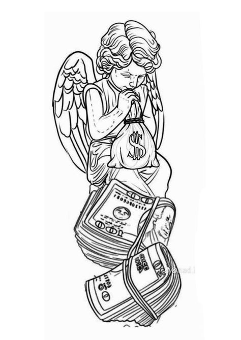 Money Machine Tattoo, Chicano Tattoos Sleeve For Men, Angel With Money Bag Tattoo, 100 Dollar Bill Tattoo, Angel Back Tattoo, Money Bag Tattoo, Dollar Tattoo, Leg Sleeve Tattoos, Leg Tattoo Ideas