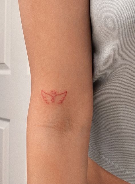 Angel Tattoo Red Ink, Small Red Tatooes, Red Signature Tattoo, Red Angel Wing Tattoo, 11:11 Tattoo Red Ink, Tattoo For Myself, Red Angel Wings Tattoo, Always An Angel Never A God Tattoo, Red Angel Tattoo