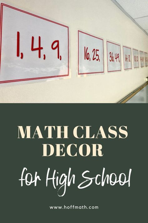 Looking for ideas for decorating your high school math classroom? Not only do these decorating ideas lead to rich mathematical discussions, but they can be made easily and cheaply. Click to read more! Math Bell Ringers High School, Calculus Classroom Decor, Decorate Math Classroom, High School Algebra Classroom Decorations, Junior High Math Classroom Decor, Algebra 2 Classroom, Math Quotes For Classroom High Schools, Hs Math Classroom Decor, Middle School Room Ideas