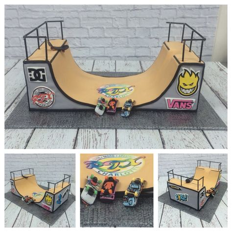 Half pipe skater cake Skate Park Cake Ideas, Skate Ramp Cake, Cardboard Skate Park, Skate Park Cake, Skateboard Cakes, Skate Cake, Skateboard Cake, Skateboard Birthday Party, Skateboard Party