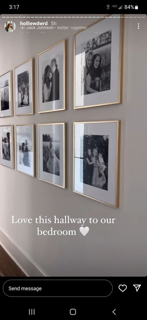 Wedding Photos At Home Display, Wedding Gallery Wall Master Bedrooms, Wedding Photo House Decor, Hallway Wedding Photos, Wedding Pictures Living Room, Wedding Photos Living Room, Framed Engagement Photos On Wall, Engagement Picture Display, Family Pictures On Wall Ideas