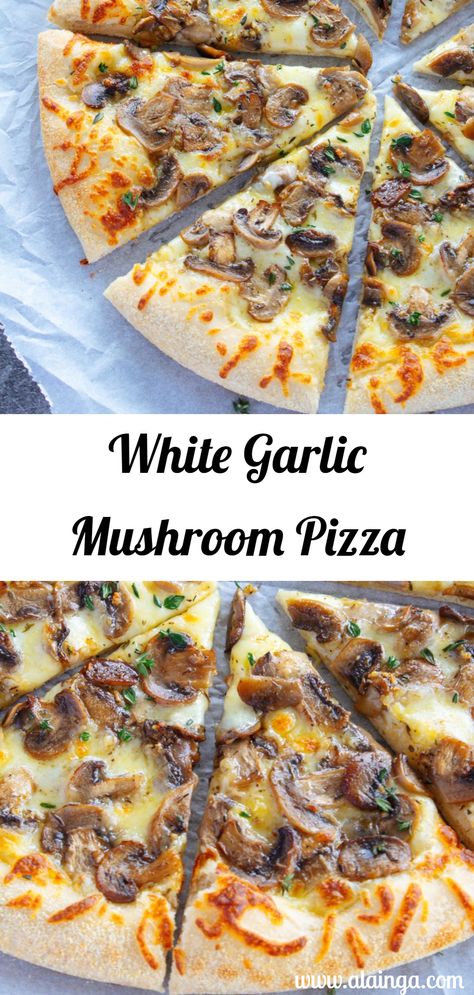 White Garlic Mushroom Pizza Garlic Mushroom Pizza, White Mushroom Pizza, Garlic Mushrooms In Parmesan Cheese, Garlic White Pizza, Mushroom Pizza Recipes, Truffle Pizza, Pizza Oven Recipes, White Pizza Recipes, Garlic Pizza