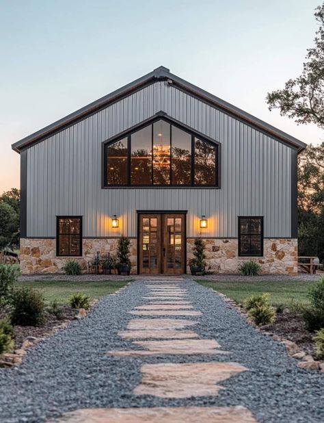 Grey And Black Metal Building, Black And Gray Barndominium, Western Buildings Ideas, Large Shed House, Backyard Storage Buildings, Barndominium Galvanized Roof, Barndo Minimum Exterior, Gray Pole Barn With Black Doors, Metal Building House Plans