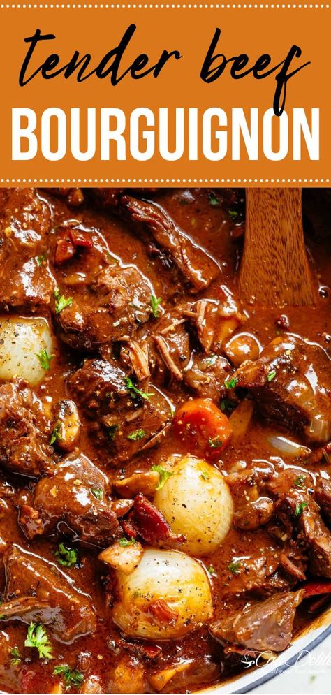 Bourbon Braised Beef, Beef Burgenion Recipe, Half Baked Harvest Beef Bourguignon, Affordable Beef Recipes, Beef Bergeron, Beef Borgenion, Beer Bourguignon, Crockpot Beef Bourguignon Slow Cooker, Boujee Dinner Recipes